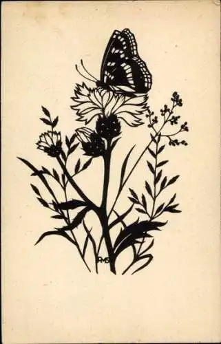 Scherenschnitt Künstler Ak Schmetterling auf Löwenzahn sitzend