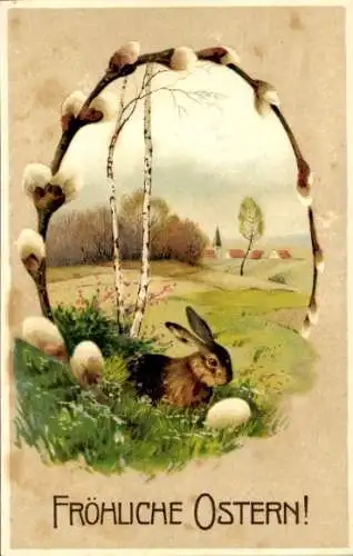 Ak Fröhliche Ostern, Hase, Weidenkätzchen