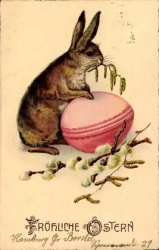 Ak Fröhliche Ostern, Hase mit Ei und Weidenkätzchen