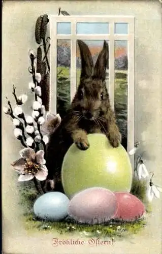 Ak Fröhliche Ostern, Hase mit Ei und Weidenkätzchen