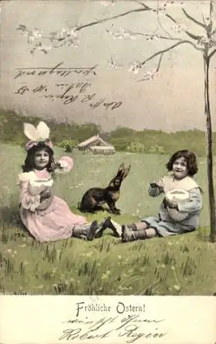 Ak Fröhliche Ostern, Hase mit zwei Mädchen
