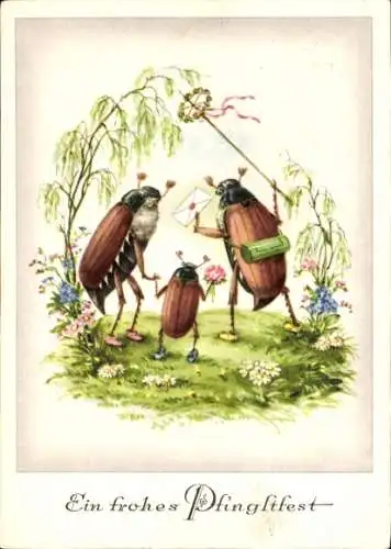 Ak Glückwunsch Pfingsten, Maikäfer, Blumen
