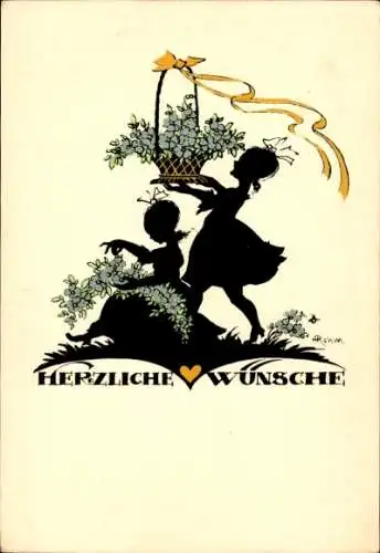 Scherenschnitt Künstler Ak Rehm, H., Herzliche Wünsche