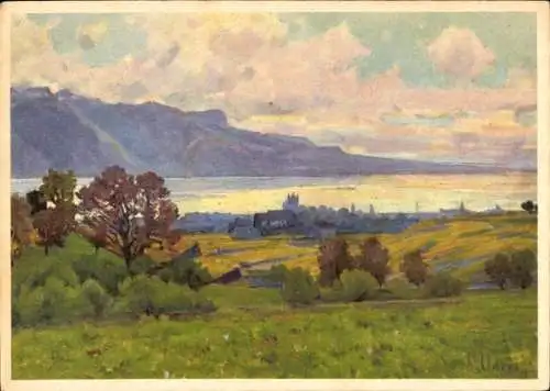 Ak Vevey Kanton Waadt, Gemälde, Landschaft mit Bergen, See und Ort Vevey