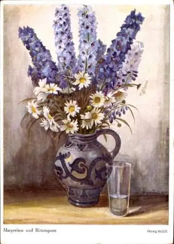 Künstler Ak Schill, Georg, Margeriten und Rittersporn