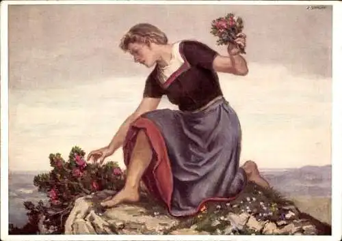 Künstler Ak Schaupp, R., Junge Frau pflückt Blumen