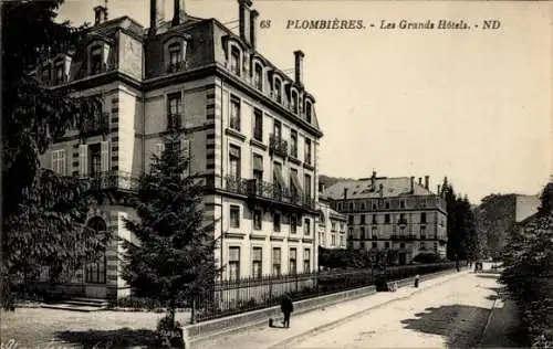 Ak Plombières les Bains Lothringen Vosges, Historische Hotels, Architektur, Straße, Bäume