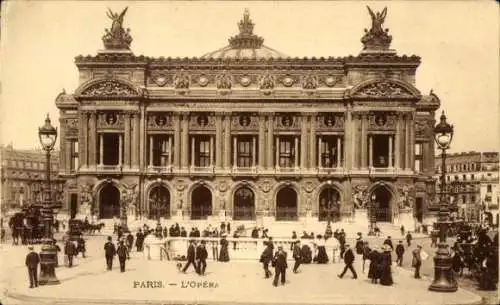 Ak Paris IX Opéra, L'Opéra,  Architektur, Menschenansammlung, Straßenlaternen
