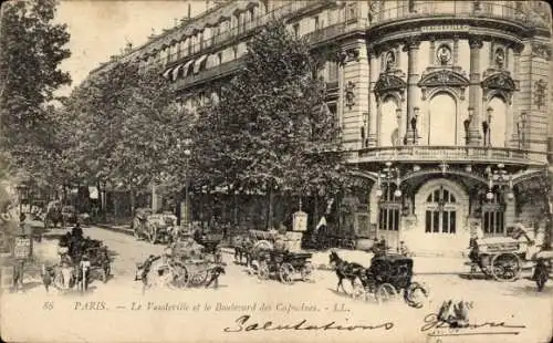 Ak Paris IX Boulevard de Capucines, Le Vaudeville, Boulevard des Capucines,  Gebäude, Kutschen