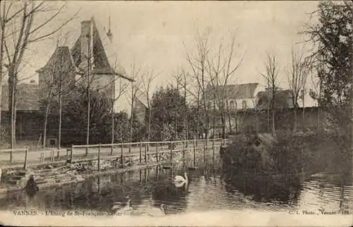 Ak Vannes Morbihan, Teich St-François-Xavier, Gebäude, Bäume, Wasser, Schwan