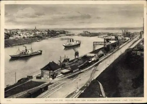 Ak Holtenau Kiel, Blick auf Schleusen, Kaiser Wilhelm-Kanal, Schiffe