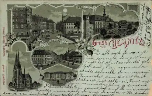 Mondschein Litho Chemnitz in Sachsen, Rathaus, Kaserne, Markuskirche