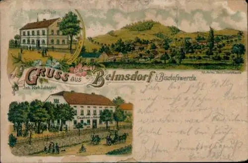 Ak Belmsdorf Bischofswerda in Sachsen, Gesamtansicht, Geschäft von Richard Löhnert