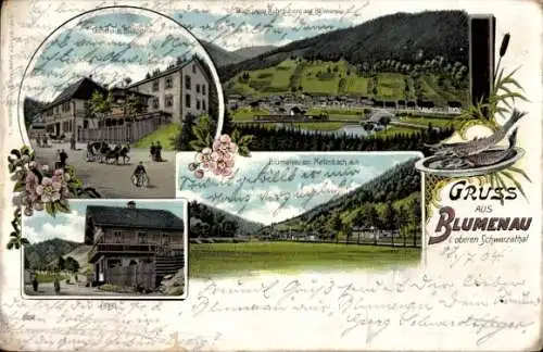 Litho Blumenau Schwarzatal in Thüringen, Zirkel, Gasthaus, Gesamtansicht