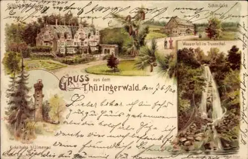 Litho Brotterode Trusetal in Thüringen, Schloss Altenstein, Schmücke, Wasserfall
