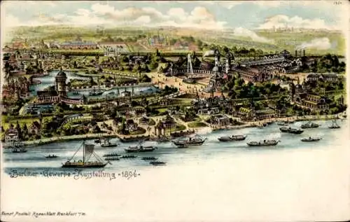 Litho Berlin Treptow, Gewerbeausstellung 1896, Gesamtansicht, Vogelschau