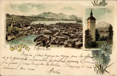Litho Luzern Stadt Schweiz, Gesamtansicht, Musegg, Pilatus