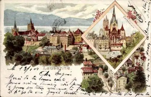 Litho Lausanne Kt. Waadt Schweiz, Teilansicht der Ortschaft, Kathedrale, Cathédrale