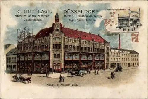 Litho Düsseldorf, Spezialgeschäft G. Hettlage, Ausstellungspavillon, Klosterstraße und Kreuzstrasse