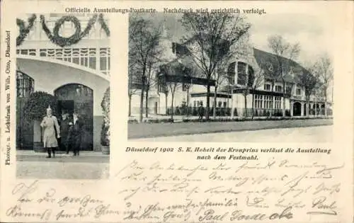 Ak Düsseldorf am Rhein, S. K. Hoheit der Kronprinz verlässt die Ausstellung nach dem Festmahl, 1902