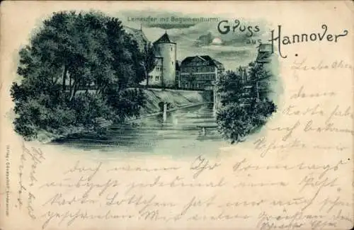 Mondschein Litho Hannover in Niedersachsen, Leineufer, Beguinenturm