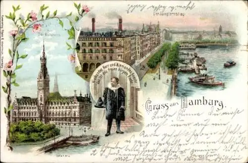 Litho Hamburg Altstadt, Jungfernstieg, Rathaus, Bürger