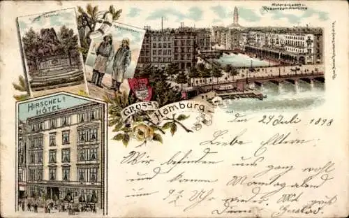 Wappen Litho Hamburg Mitte Neustadt, Alsterarkaden, Reesendammbrücke, Hirschels Hotel