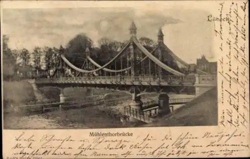 Ak Hansestadt Lübeck, Mühlenthorbrücke, Brücke über Wasser, alte Architektur