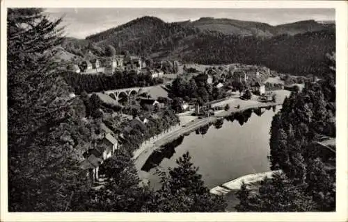 Ak Ziegenrück an der Saale Thüringen, Panoramablick auf den Ort, Fluss, Hügel, Brücke, Natur