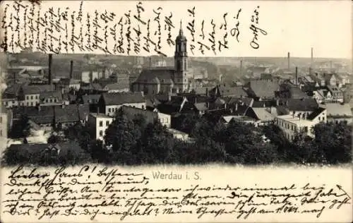 Ak Werdau in Sachsen, Stadtansicht, Kirchturm, Fabriken, Häuser, Bäume