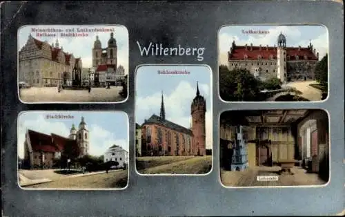 Ak Lutherstadt Wittenberg in Sachsen Anhalt, Lutherhaus, Stadtkirche, Lutherstube, Schlosskirche