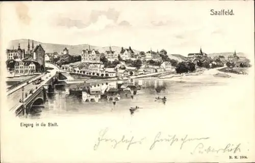 Ak Saalfeld an der Saale Thüringen, Stadtansicht, Flusslandschaft, Brücke,  Architektur