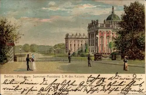 Ak Potsdam Sanssouci, Sommer-Residenz des Kaisers, Personen vor dem Tor,  Architektur
