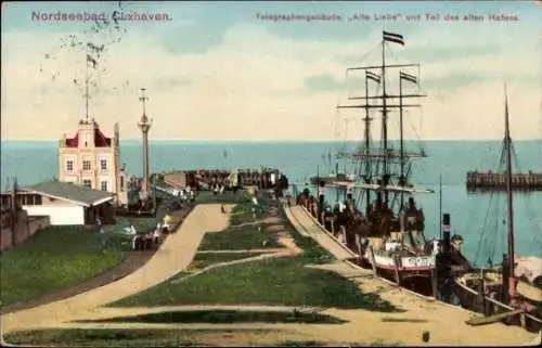 Ak Nordseebad Cuxhaven, Telegrafengebäude Alte Liebe, Alter Hafen, Segelschiff