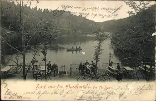 Ak Buschmühle Schmiedeberg Dippoldiswalde im Osterzgebirge, Idyllische Landschaft, Boot auf dem W