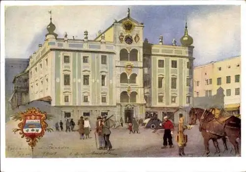 Ak Gmunden am Traunsee Salzkammergut Oberösterreich, Rathaus,  Architektur, Menschen auf Platz, P