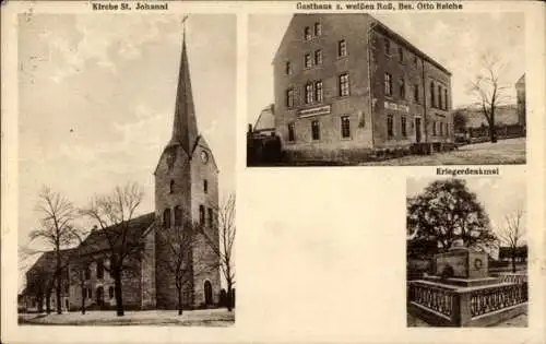 Ak Obhausen im Saalekreis, Kirche St. Johanni, Gasthaus z. welßen Roß, Kriegerdenkmal