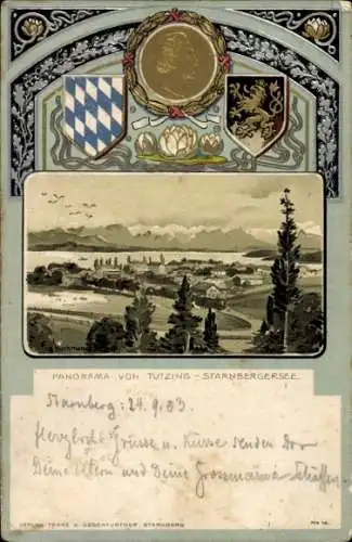 Präge Wappen APassepartout Litho Tutzing am Starnberger See Oberbayern, Panorama
