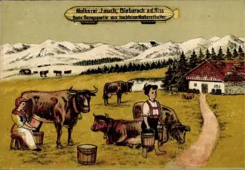 Ak Biberach an der Riß in Oberschwaben Württemberg, Molkerei Jauch, Melker auf der Alm, Zeppelin