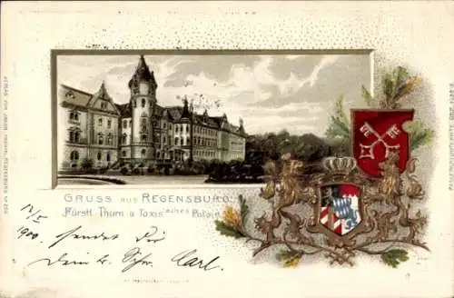 Präge Wappen Passepartout Litho Regensburg, Fürstl. Thurn u. Taxis'sches Palais