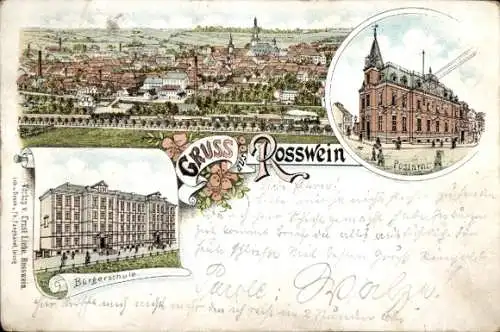 Litho Rosswein Roßwein in Sachsen, Gesamtansicht, Postamt, Bürgerschule
