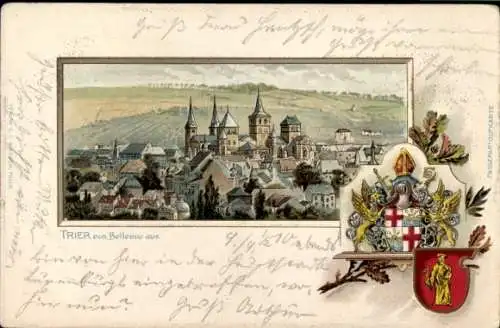 Präge Wappen Passepartout Litho Trier in Rheinland Pfalz, Stadtansicht von Bellevue aus