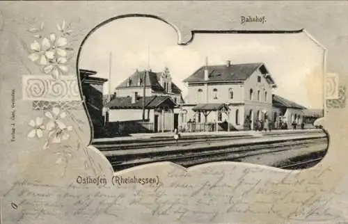 Passepartout Ak Osthofen in Rheinhessen, Bahnhof Gleisseite