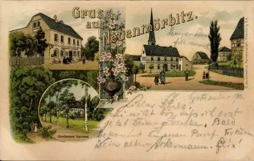 Litho Neuenmörbitz Langenleuba Niederhain Thüringen, Gasthaus, Kirche, Oberförsterei Schönbach