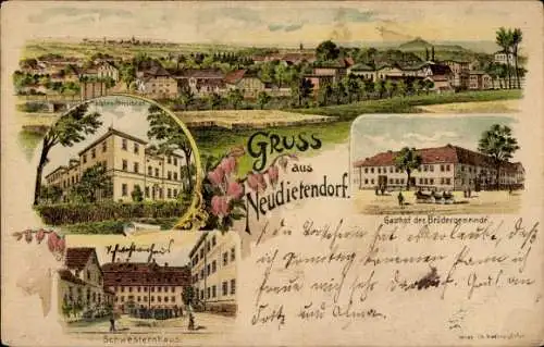 Litho Neudietendorf in Thüringen, Schwesternhaus, Gasthof der Brüdergemeine, Mädchen-Pensionat