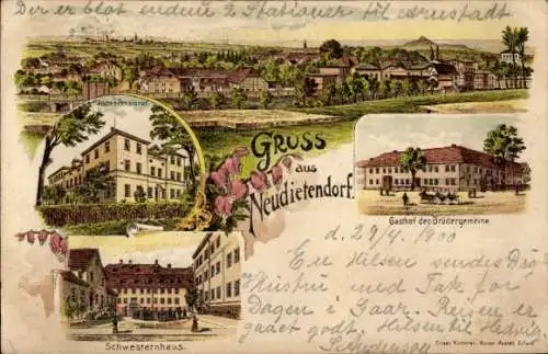 Litho Neudietendorf in Thüringen, Schwesternhaus, Gasthof der Brüdergemeine, Mädchen-Pensionat
