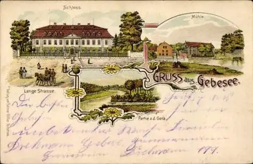 Litho Gebesee in Thüringen, Schloss, Mühle, an der Gera