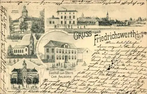Litho Friedrichswerth in Thüringen, Schloss, Bahnhof, Gasthof zum Stern, Chr. Ahlborn, Kirche