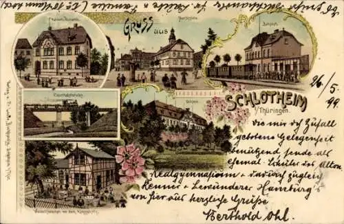 Litho Schlotheim in Thüringen, Bahnhof, Schloss, Postamt, Waldschlösschen, Eisenbahnbrücke