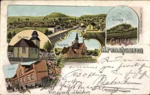 Litho Arenshausen Thüringen, Kath. und Ev. Kirche, Schule, Rusteberg